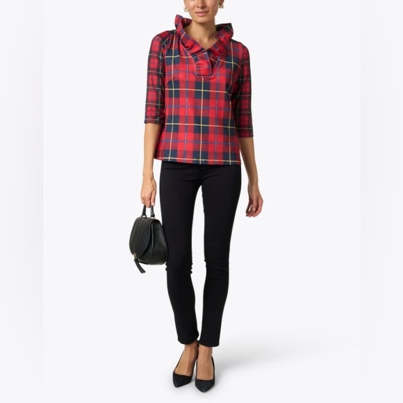 Gretchen Scott Collar Blouse Plaidly Red Plaid Ruffle Neck Top ruffle large l - Picture 1 of 7